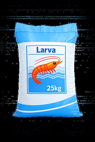 25kg bag of larva feed with blue and white packaging featuring an orange shrimp illustration
