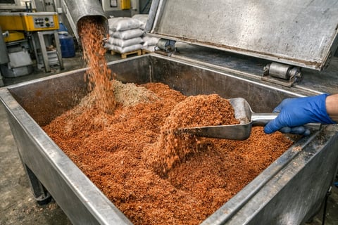 Worker in blue glove scooping reddish-brown spice or seasoning material from large metal industrial mixing vat in food production facility