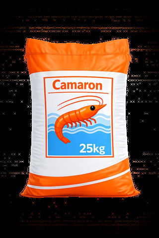 25kg bag of Camaron shrimp feed with orange and white packaging featuring an illustration of a red shrimp