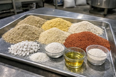 Various baking ingredients and spices arranged on a metal tray in a commercial kitchen, including flour, cornmeal, spices, and oil.