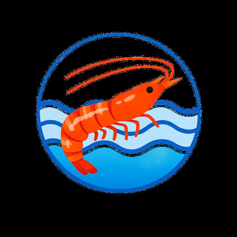 Red shrimp illustration in circular badge with blue water waves and circular border design
