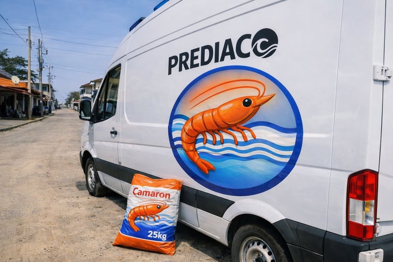 White Prediaco delivery van with shrimp logo and a box of Camaron seafood product displayed in front