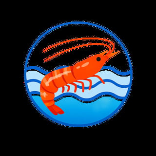 Red shrimp swimming in blue water within a circular badge icon with wavy patterns
